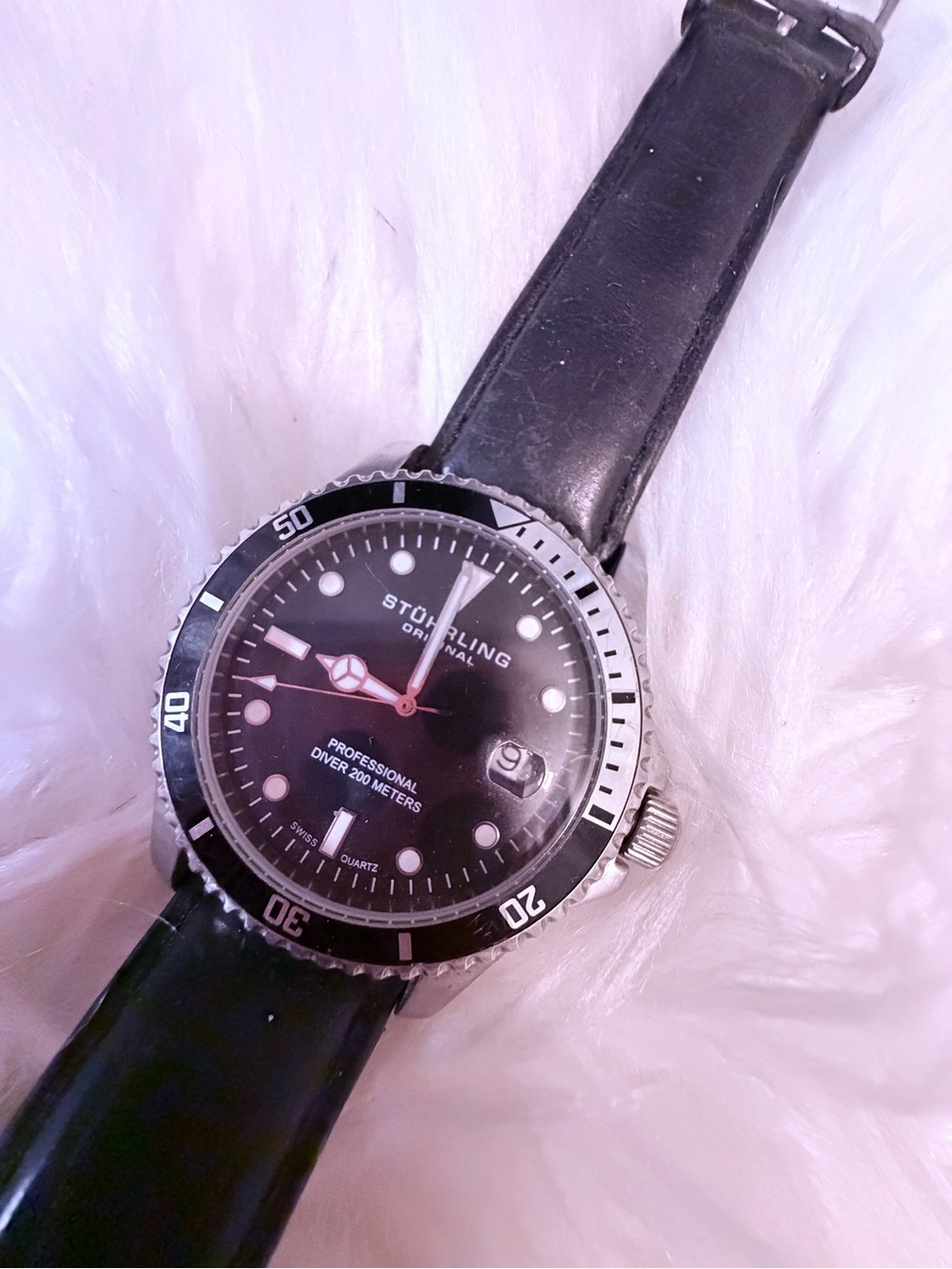 Stuhrling Original Black Dial Diver Watch with Black Leather Strap
